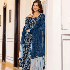 EthniFlair Floral Printed Empire Aari Work Kurta with Pyjamas & Dupatta