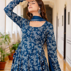 EthniFlair Floral Printed Empire Aari Work Kurta with Pyjamas & Dupatta