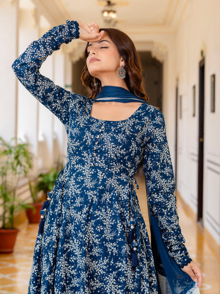 EthniFlair Floral Printed Empire Aari Work Kurta with Pyjamas & Dupatta