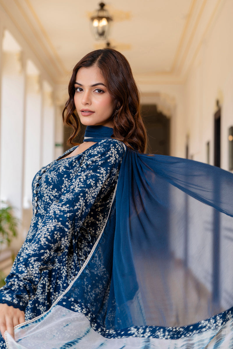 EthniFlair Floral Printed Empire Aari Work Kurta with Pyjamas & Dupatta