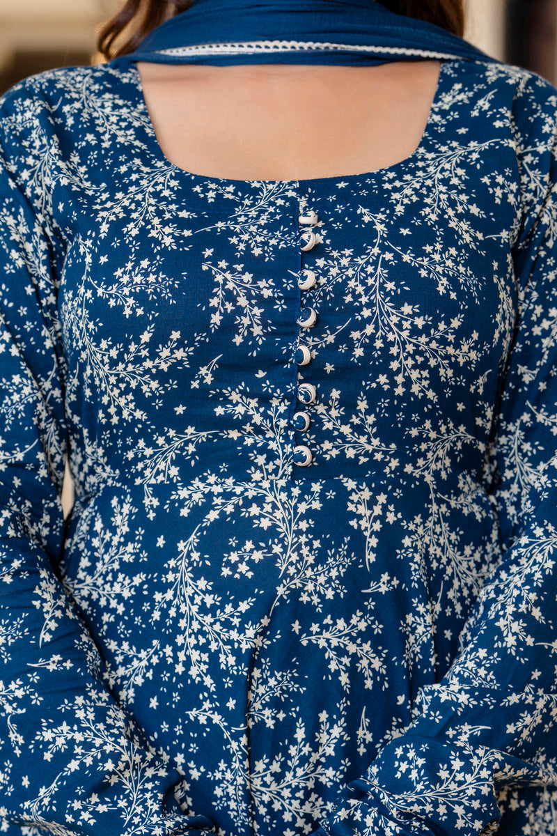 EthniFlair Floral Printed Empire Aari Work Kurta with Pyjamas & Dupatta