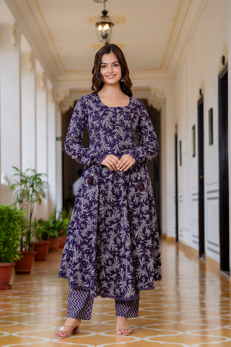 EthniFlair Floral Printed Empire Aari Work Kurta with Trousers & Dupatta