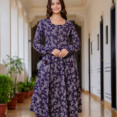 EthniFlair Floral Printed Empire Aari Work Kurta with Trousers & Dupatta