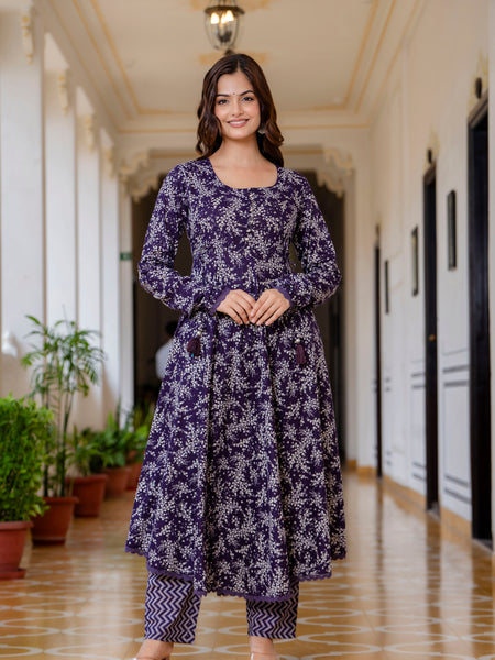 EthniFlair Floral Printed Empire Aari Work Kurta with Trousers & Dupatta