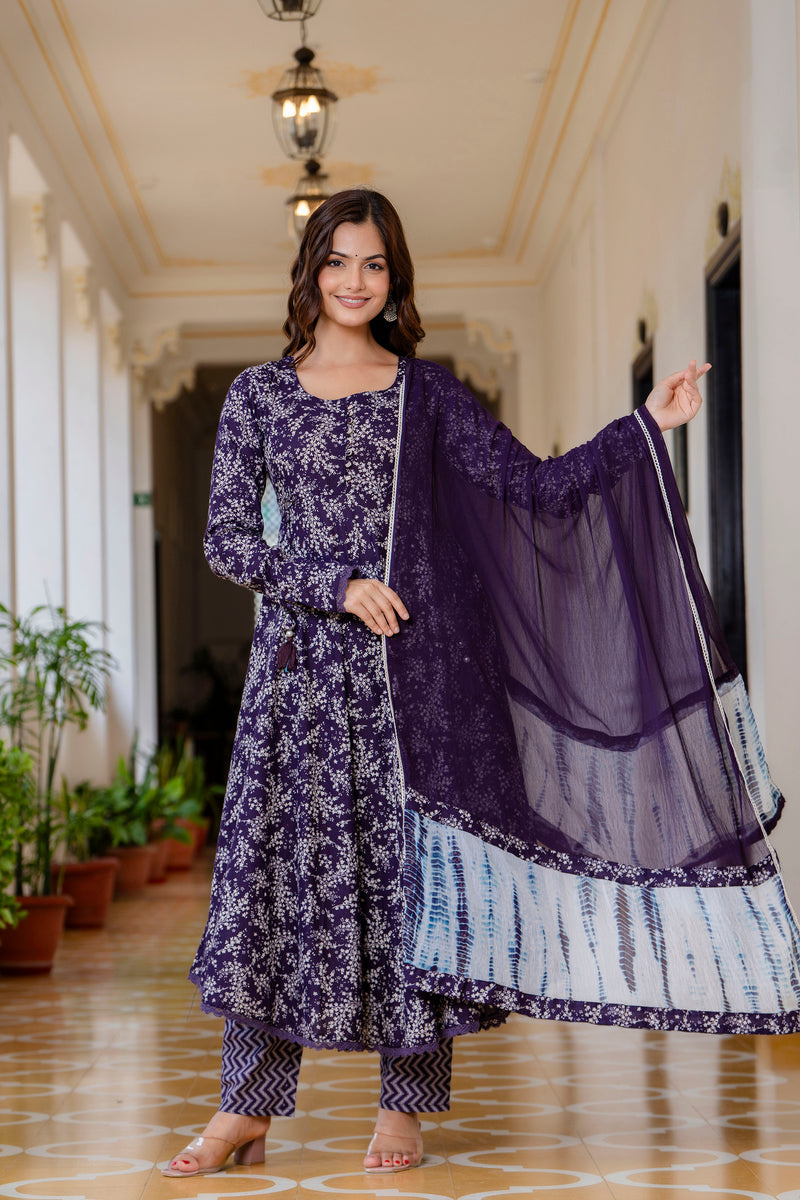 EthniFlair Floral Printed Empire Aari Work Kurta with Trousers & Dupatta