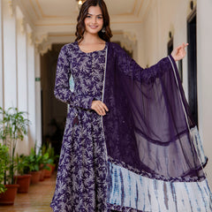 EthniFlair Floral Printed Empire Aari Work Kurta with Trousers & Dupatta