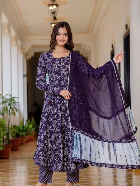 EthniFlair Floral Printed Empire Aari Work Kurta with Trousers & Dupatta