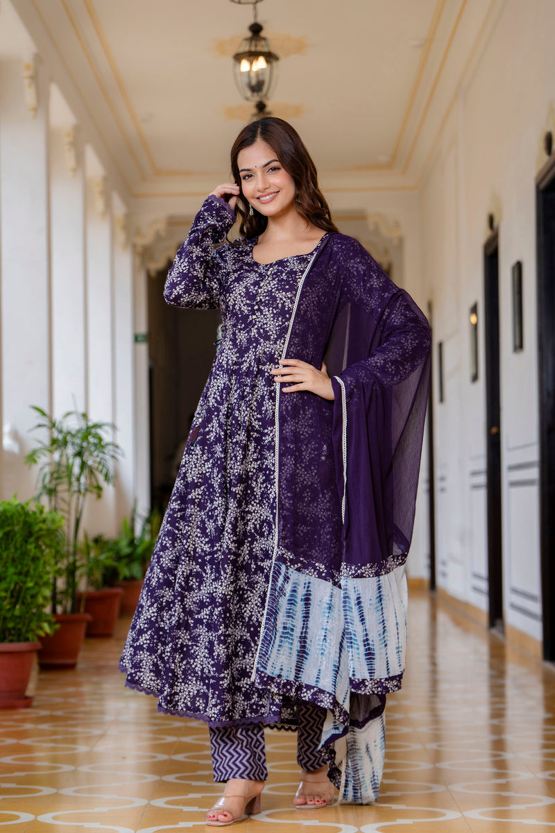 EthniFlair Floral Printed Empire Aari Work Kurta with Trousers & Dupatta