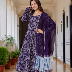 EthniFlair Floral Printed Empire Aari Work Kurta with Trousers & Dupatta