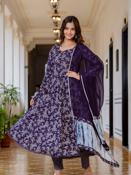 EthniFlair Floral Printed Empire Aari Work Kurta with Trousers & Dupatta