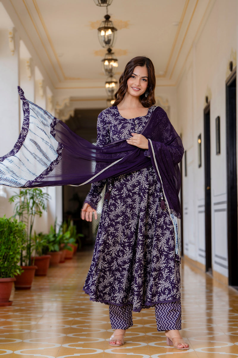 EthniFlair Floral Printed Empire Aari Work Kurta with Trousers & Dupatta