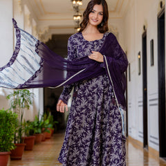 EthniFlair Floral Printed Empire Aari Work Kurta with Trousers & Dupatta