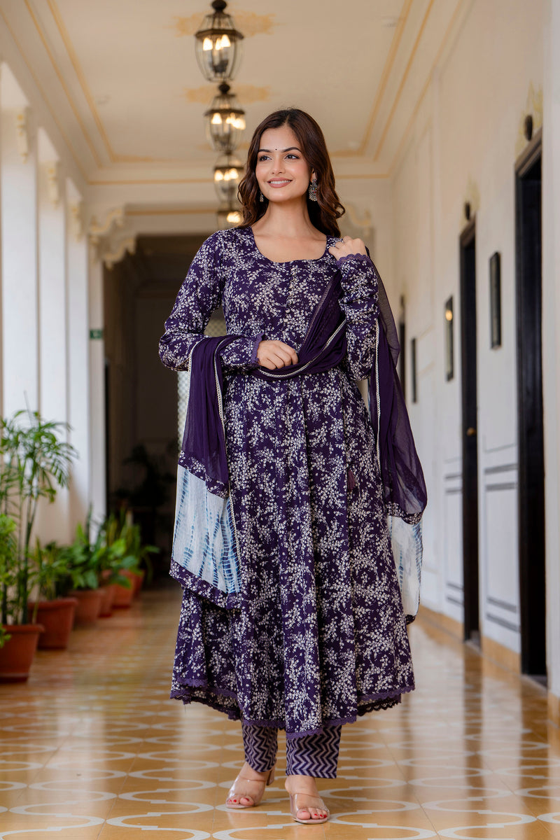 EthniFlair Floral Printed Empire Aari Work Kurta with Trousers & Dupatta