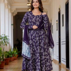 EthniFlair Floral Printed Empire Aari Work Kurta with Trousers & Dupatta