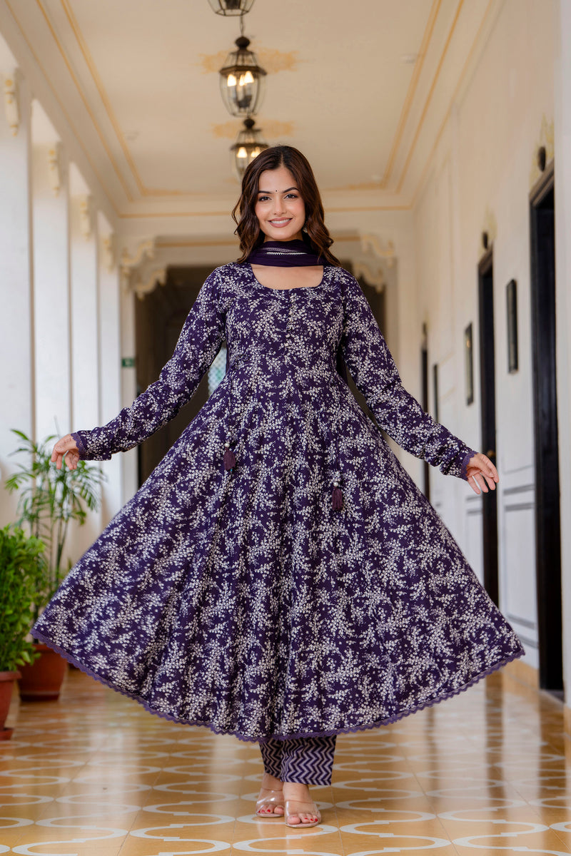 EthniFlair Floral Printed Empire Aari Work Kurta with Trousers & Dupatta