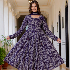 EthniFlair Floral Printed Empire Aari Work Kurta with Trousers & Dupatta