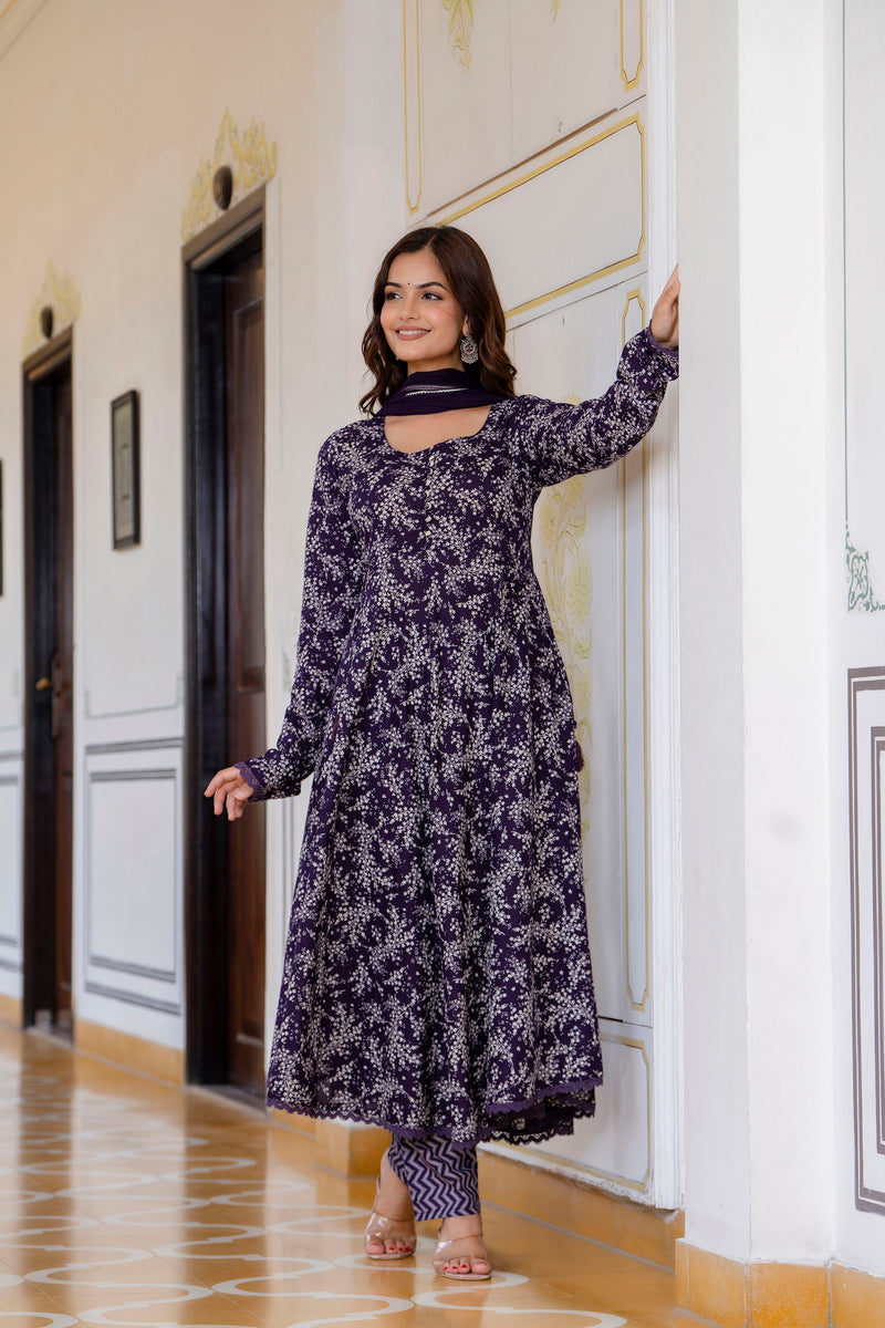 EthniFlair Floral Printed Empire Aari Work Kurta with Trousers & Dupatta