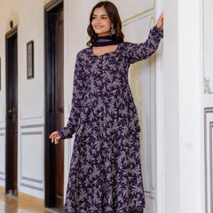 EthniFlair Floral Printed Empire Aari Work Kurta with Trousers & Dupatta