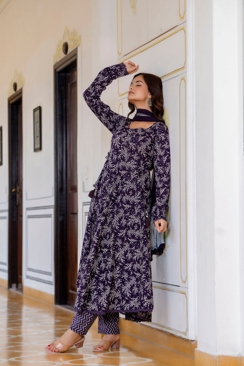 EthniFlair Floral Printed Empire Aari Work Kurta with Trousers & Dupatta