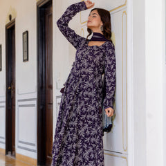 EthniFlair Floral Printed Empire Aari Work Kurta with Trousers & Dupatta