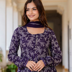 EthniFlair Floral Printed Empire Aari Work Kurta with Trousers & Dupatta