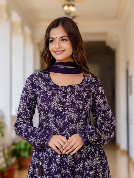 EthniFlair Floral Printed Empire Aari Work Kurta with Trousers & Dupatta