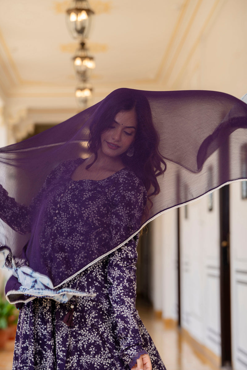 EthniFlair Floral Printed Empire Aari Work Kurta with Trousers & Dupatta