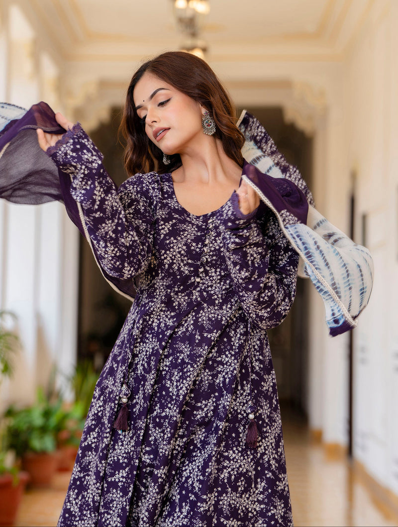 EthniFlair Floral Printed Empire Aari Work Kurta with Trousers & Dupatta