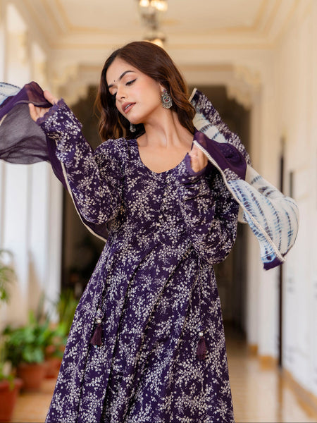 EthniFlair Floral Printed Empire Aari Work Kurta with Trousers & Dupatta