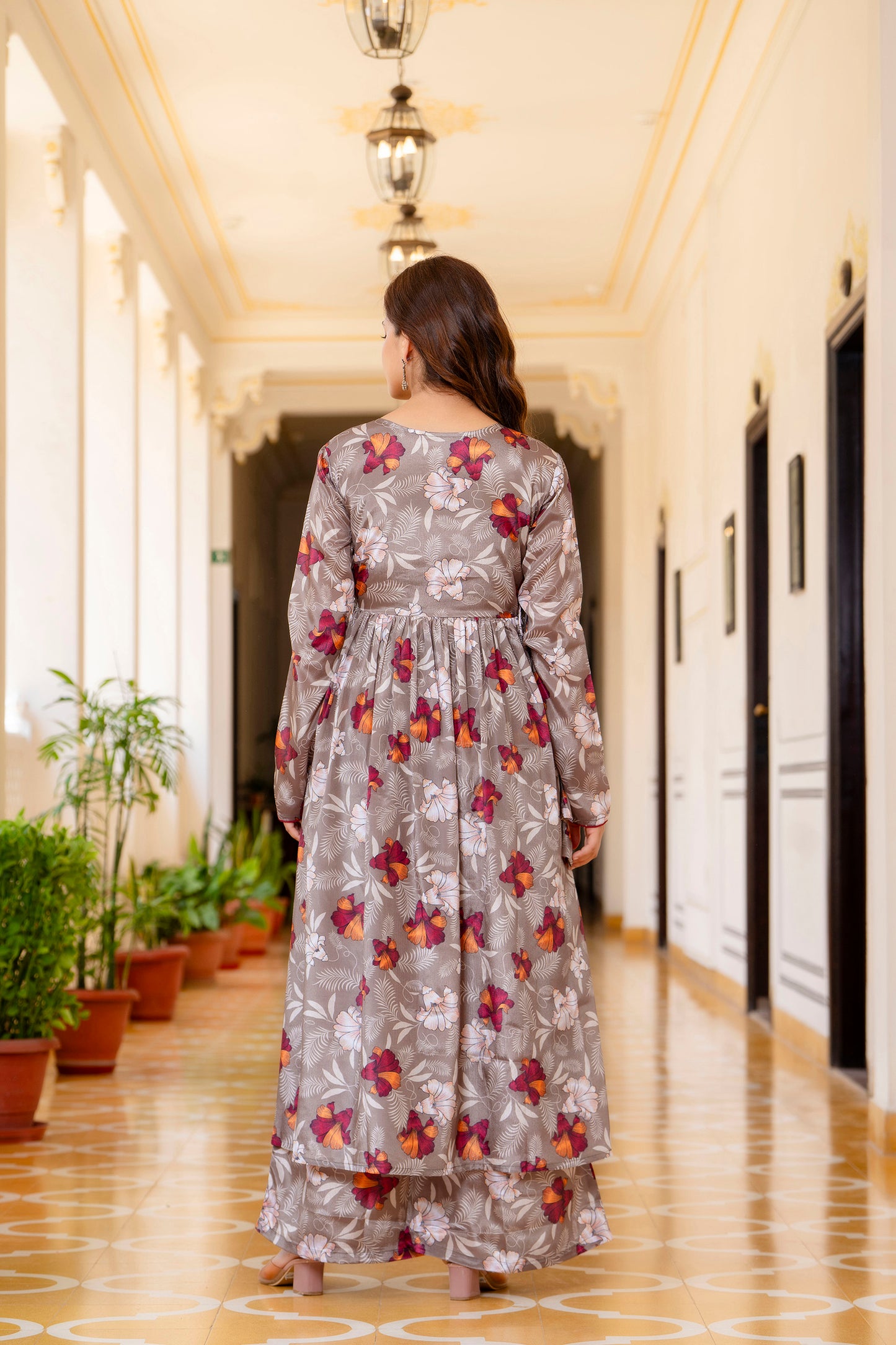 EthniFlair Floral Embroidered Empire Aari Work Kurta with Palazzo & Dupatta