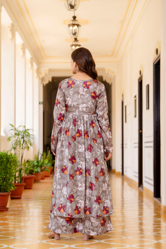 EthniFlair Floral Embroidered Empire Aari Work Kurta with Palazzo & Dupatta