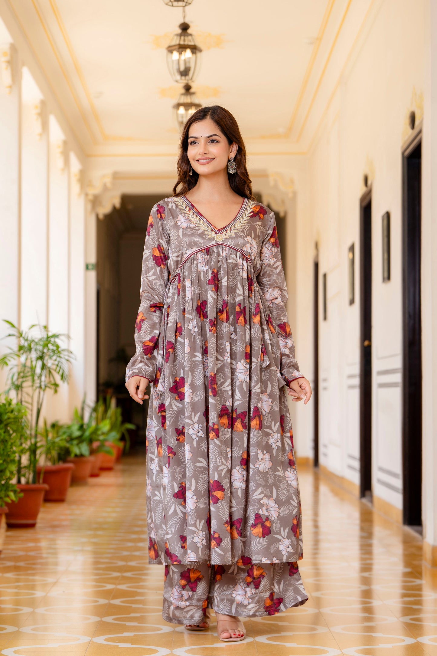 EthniFlair Floral Embroidered Empire Aari Work Kurta with Palazzo & Dupatta