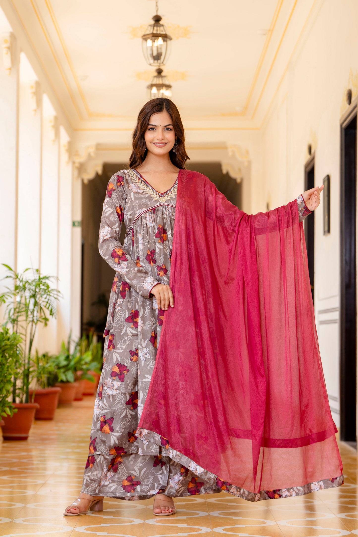 EthniFlair Floral Embroidered Empire Aari Work Kurta with Palazzo & Dupatta