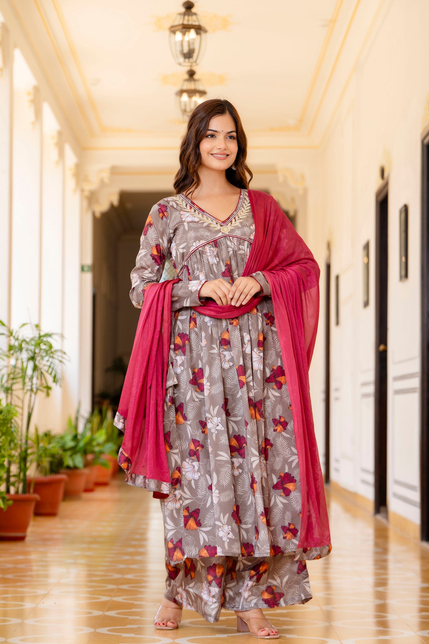 EthniFlair Floral Embroidered Empire Aari Work Kurta with Palazzo & Dupatta