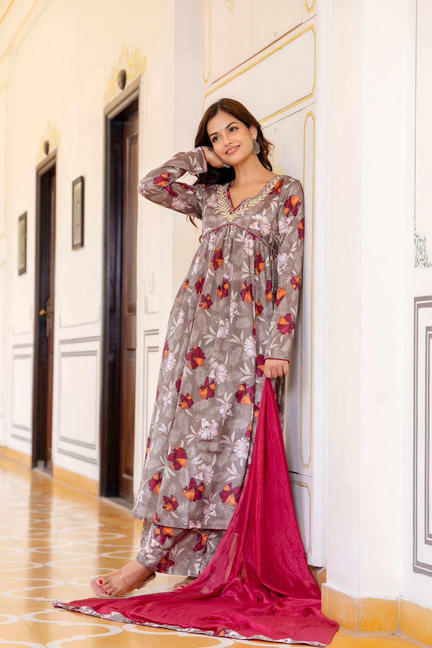 EthniFlair Floral Embroidered Empire Aari Work Kurta with Palazzo & Dupatta