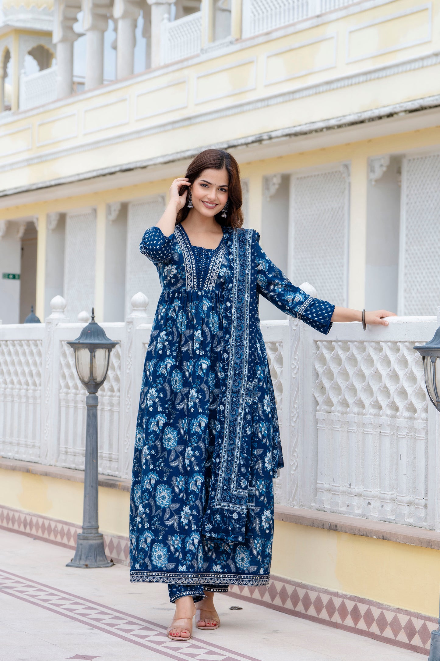 EthniFlair Women Floral Printed Empire Mirror Work Pure Cotton Kurta with Trousers & With Dupatta