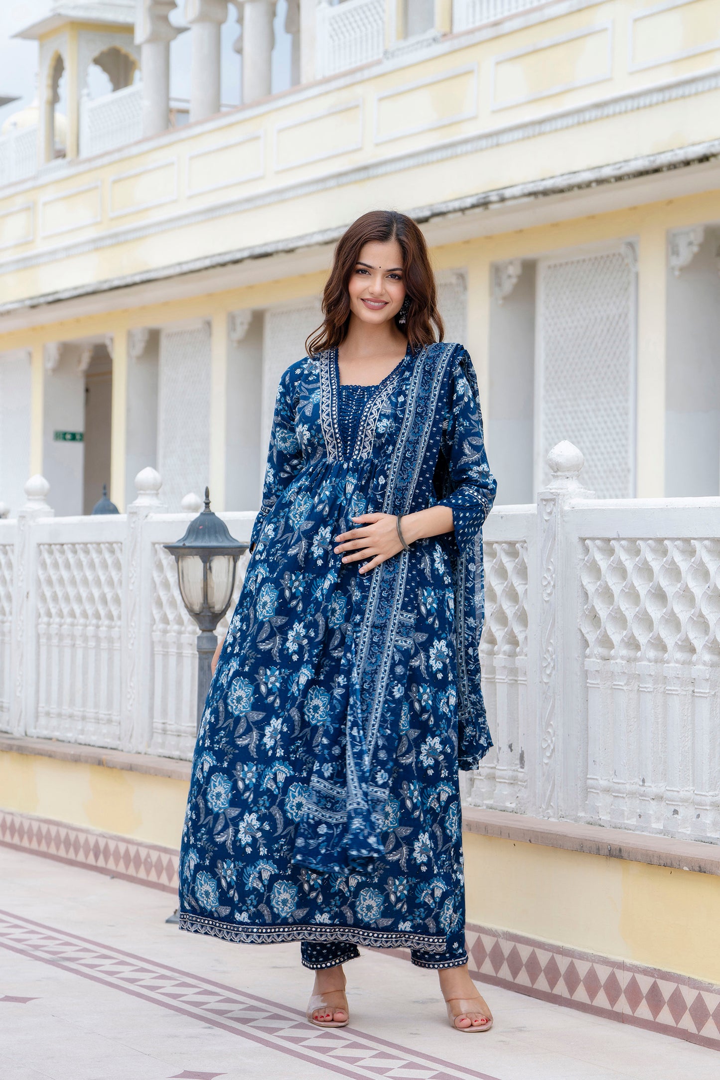 EthniFlair Women Floral Printed Empire Mirror Work Pure Cotton Kurta with Trousers & With Dupatta