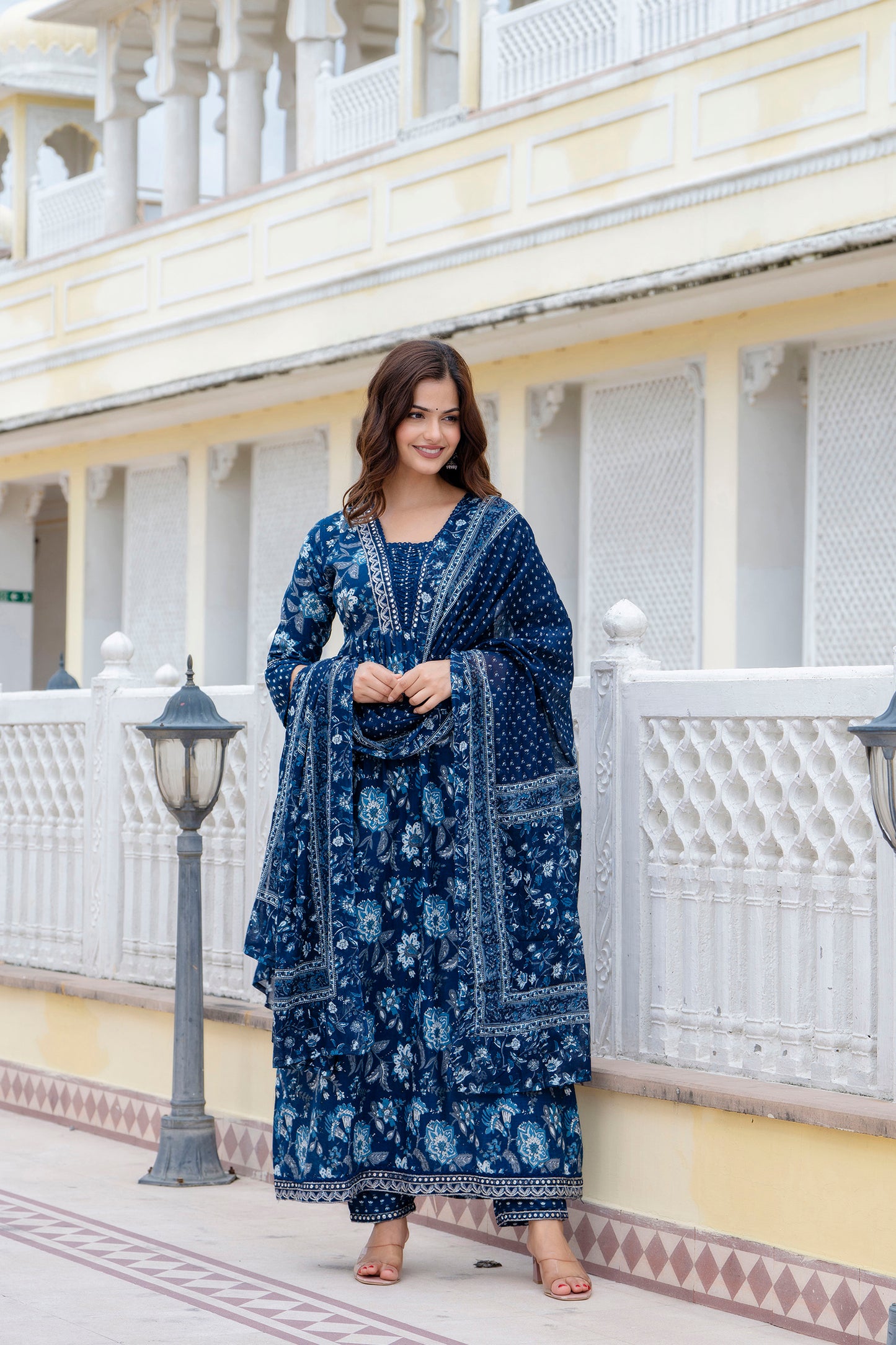 EthniFlair Women Floral Printed Empire Mirror Work Pure Cotton Kurta with Trousers & With Dupatta