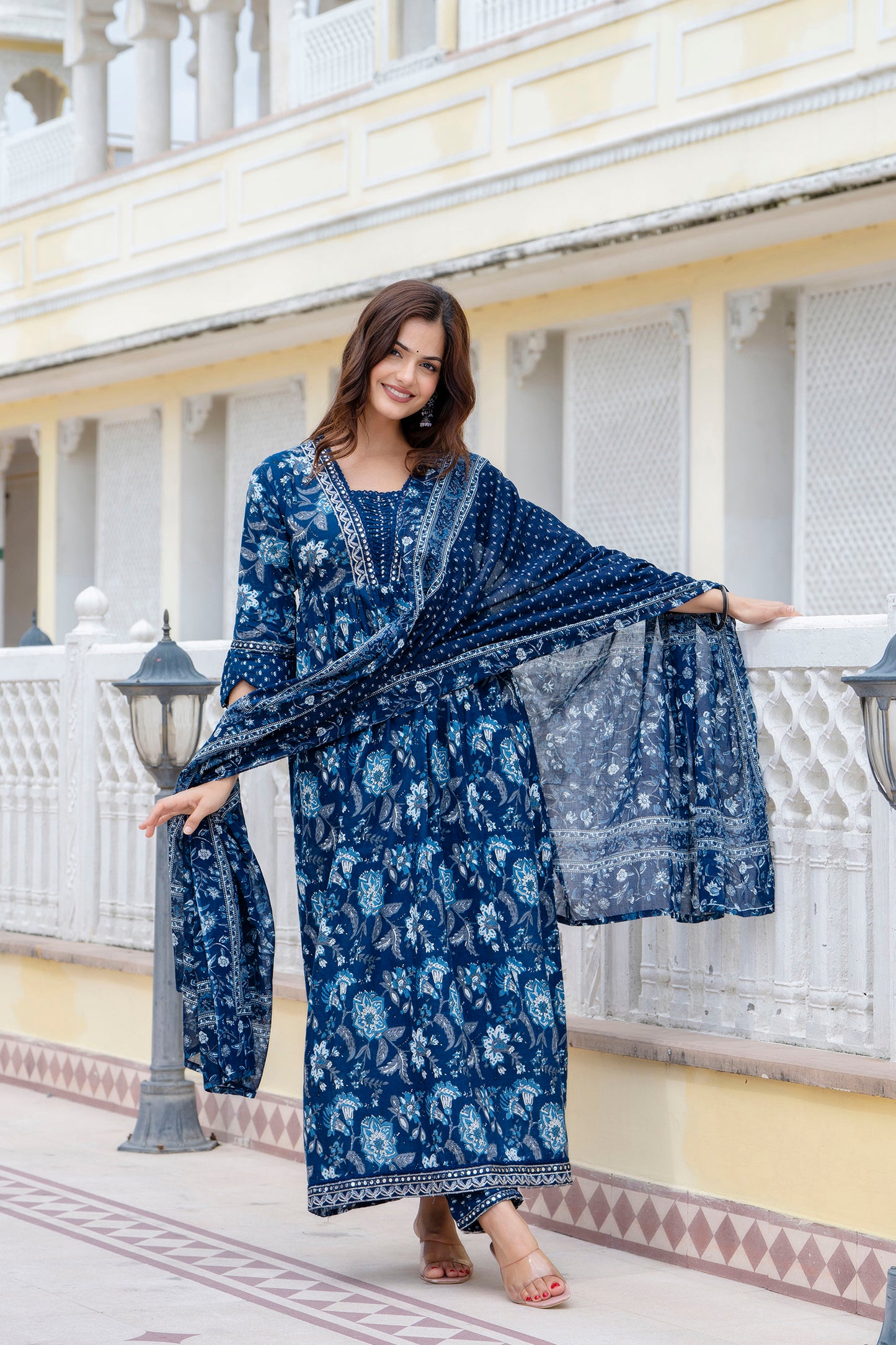 EthniFlair Women Floral Printed Empire Mirror Work Pure Cotton Kurta with Trousers & With Dupatta