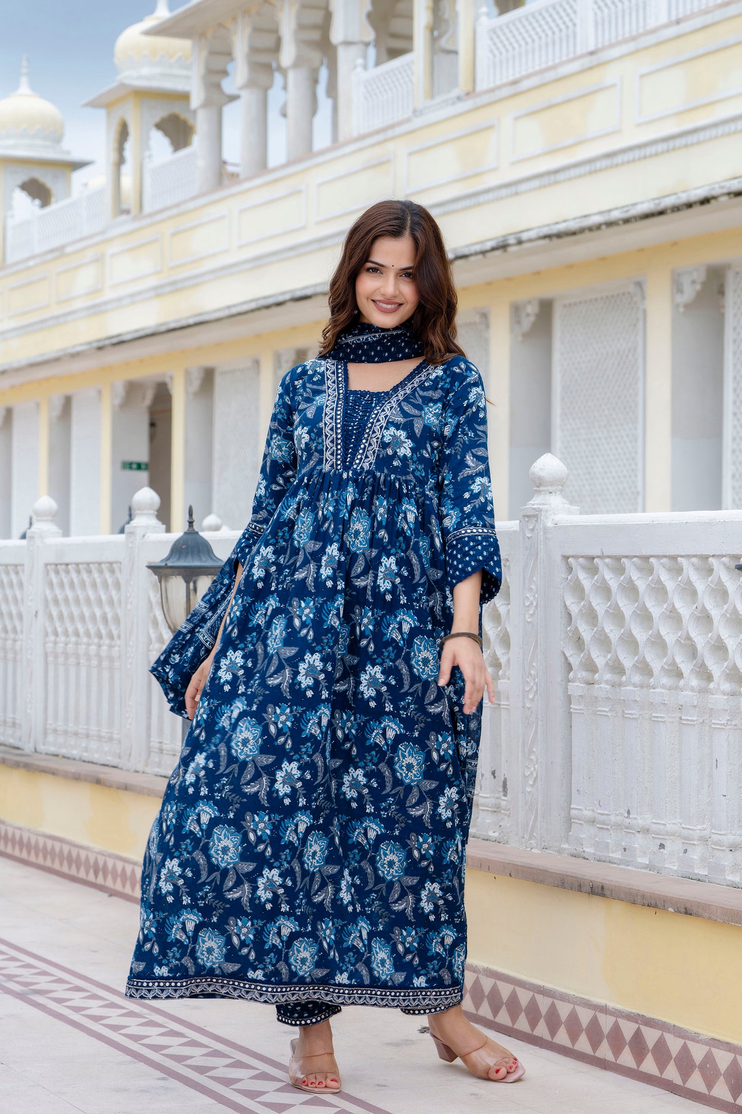 EthniFlair Women Floral Printed Empire Mirror Work Pure Cotton Kurta with Trousers & With Dupatta