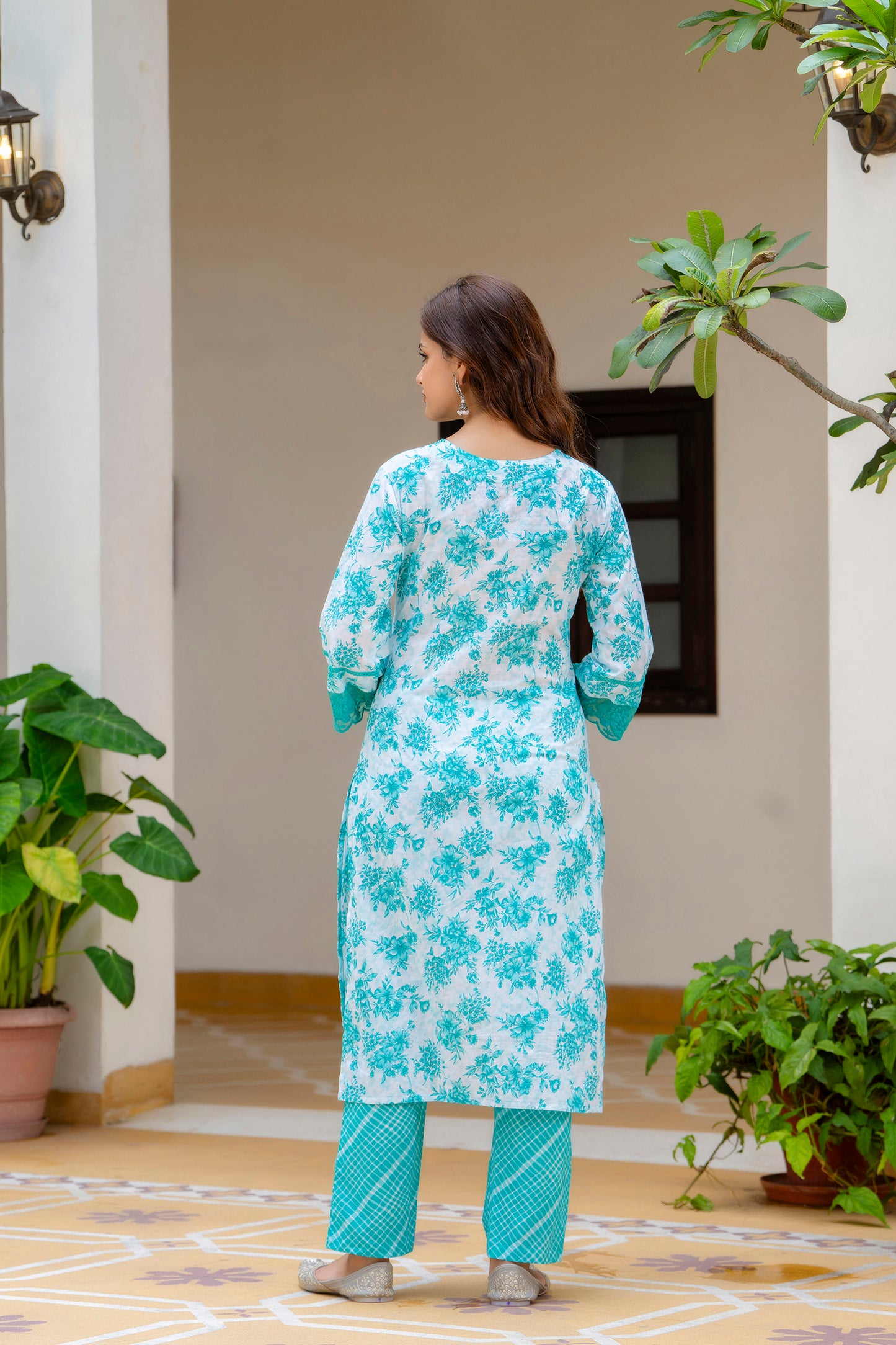 EthniFlair Turquoise Blue Floral Printed Thread Work Cotton Straight Kurta & Pyjama & Dupatta