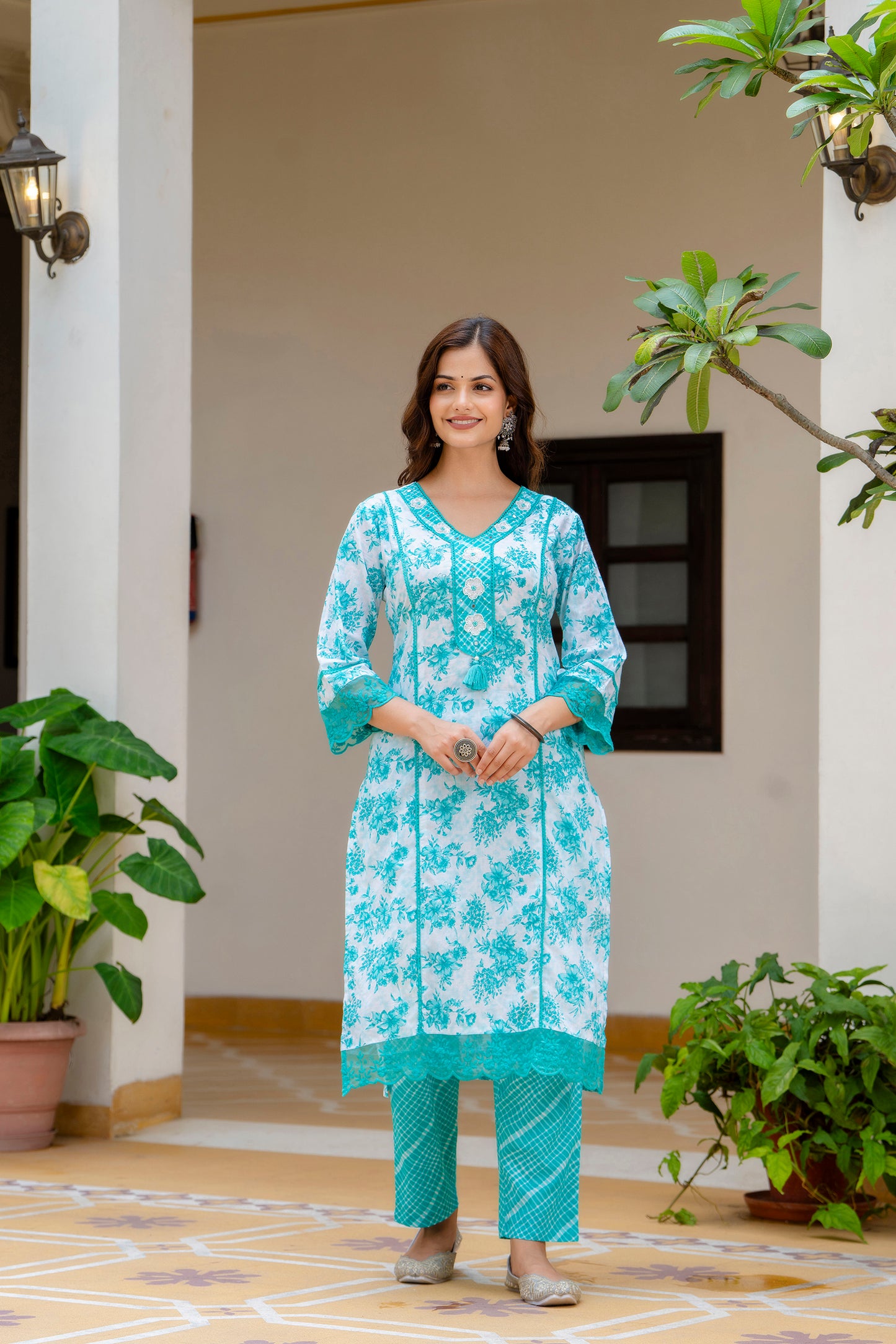 EthniFlair Turquoise Blue Floral Printed Thread Work Cotton Straight Kurta & Pyjama & Dupatta