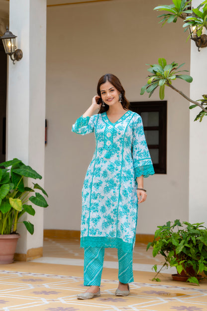 EthniFlair Turquoise Blue Floral Printed Thread Work Cotton Straight Kurta & Pyjama & Dupatta