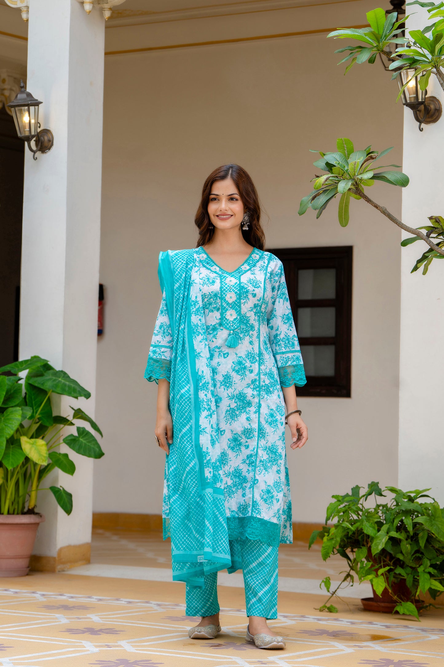EthniFlair Turquoise Blue Floral Printed Thread Work Cotton Straight Kurta & Pyjama & Dupatta