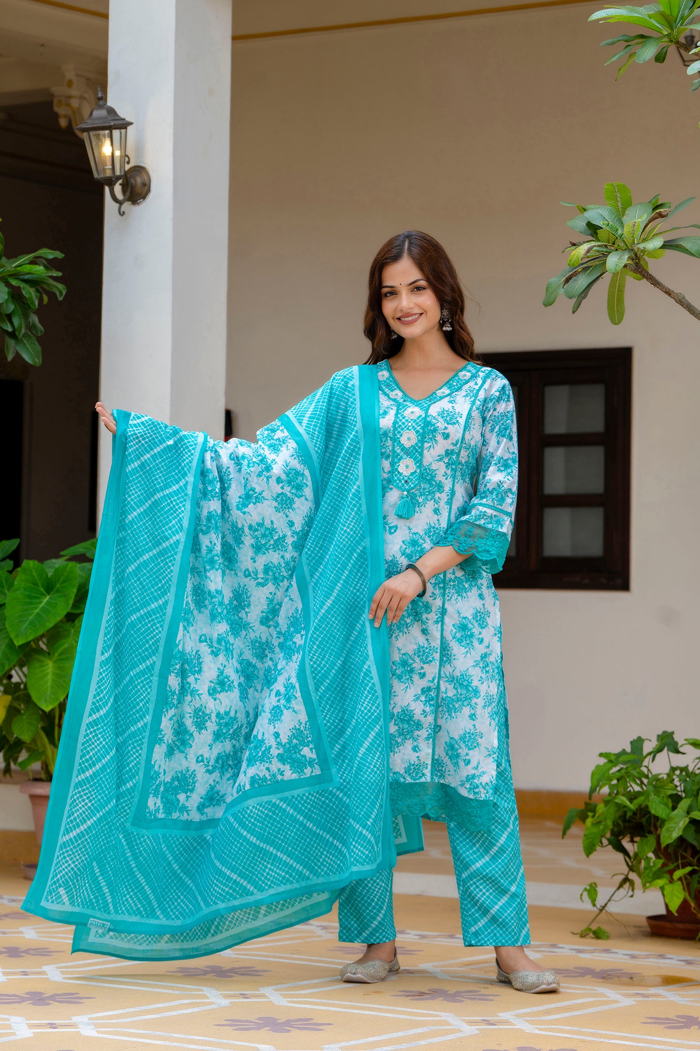 EthniFlair Turquoise Blue Floral Printed Thread Work Cotton Straight Kurta & Pyjama & Dupatta