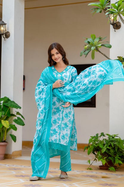 EthniFlair Turquoise Blue Floral Printed Thread Work Cotton Straight Kurta & Pyjama & Dupatta