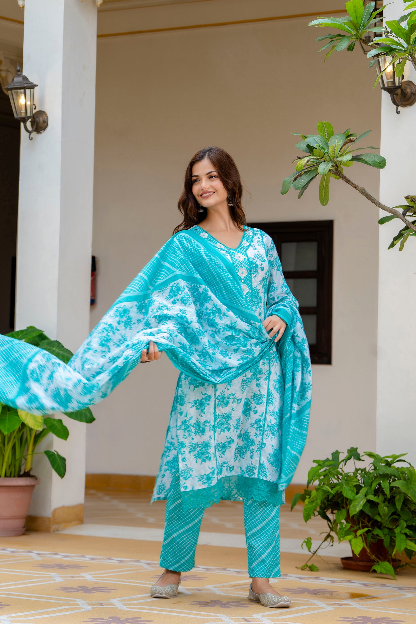 EthniFlair Turquoise Blue Floral Printed Thread Work Cotton Straight Kurta & Pyjama & Dupatta