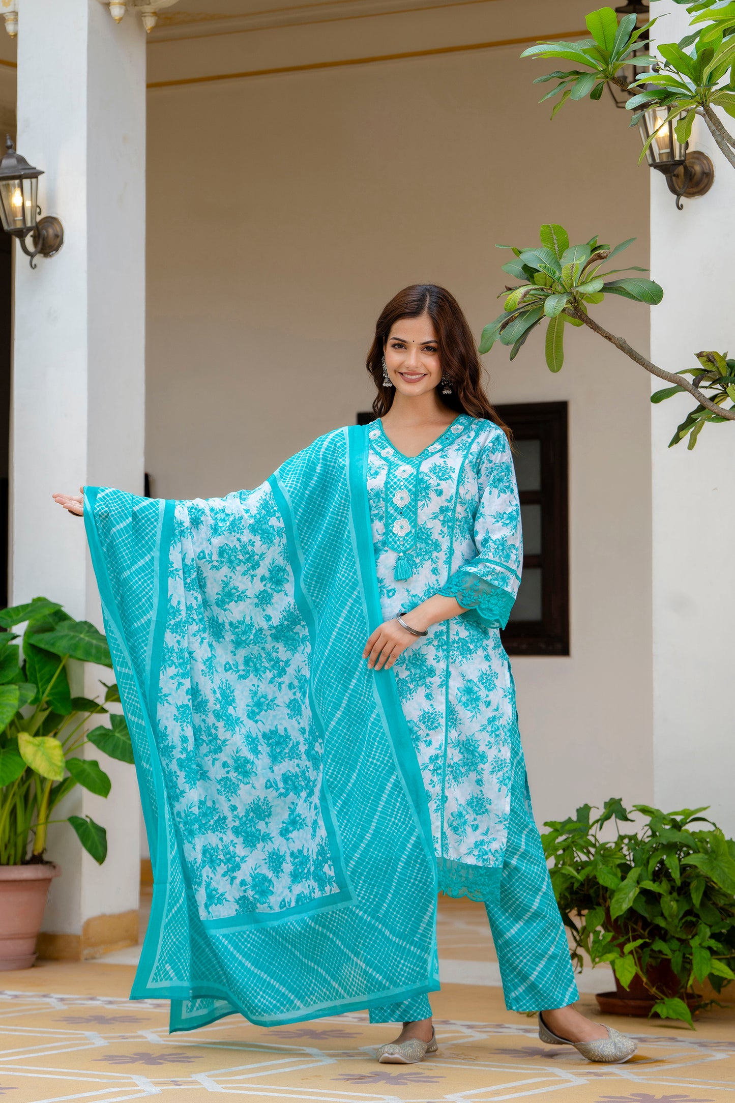 EthniFlair Turquoise Blue Floral Printed Thread Work Cotton Straight Kurta & Pyjama & Dupatta