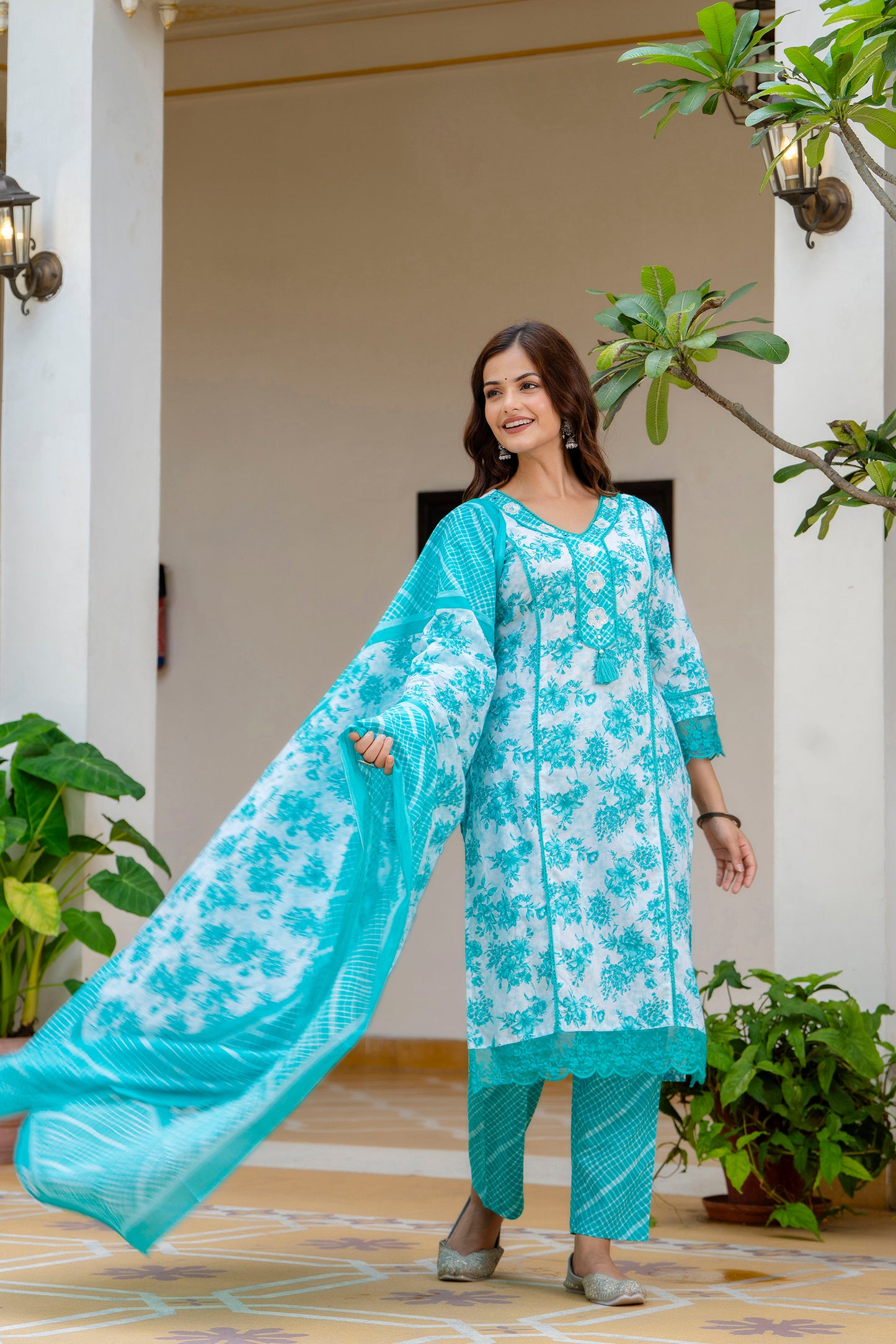 EthniFlair Turquoise Blue Floral Printed Thread Work Cotton Straight Kurta & Pyjama & Dupatta