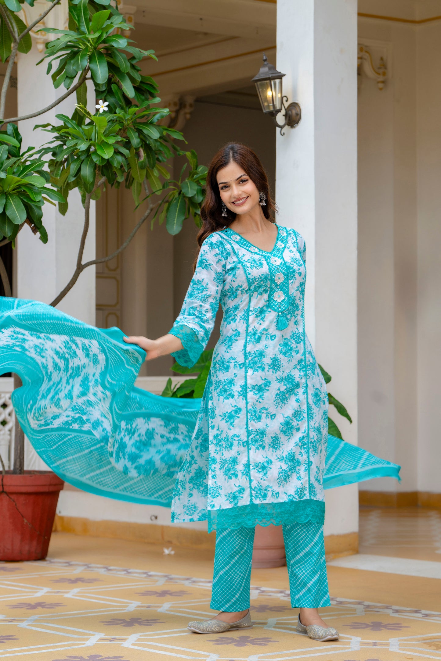 EthniFlair Turquoise Blue Floral Printed Thread Work Cotton Straight Kurta & Pyjama & Dupatta